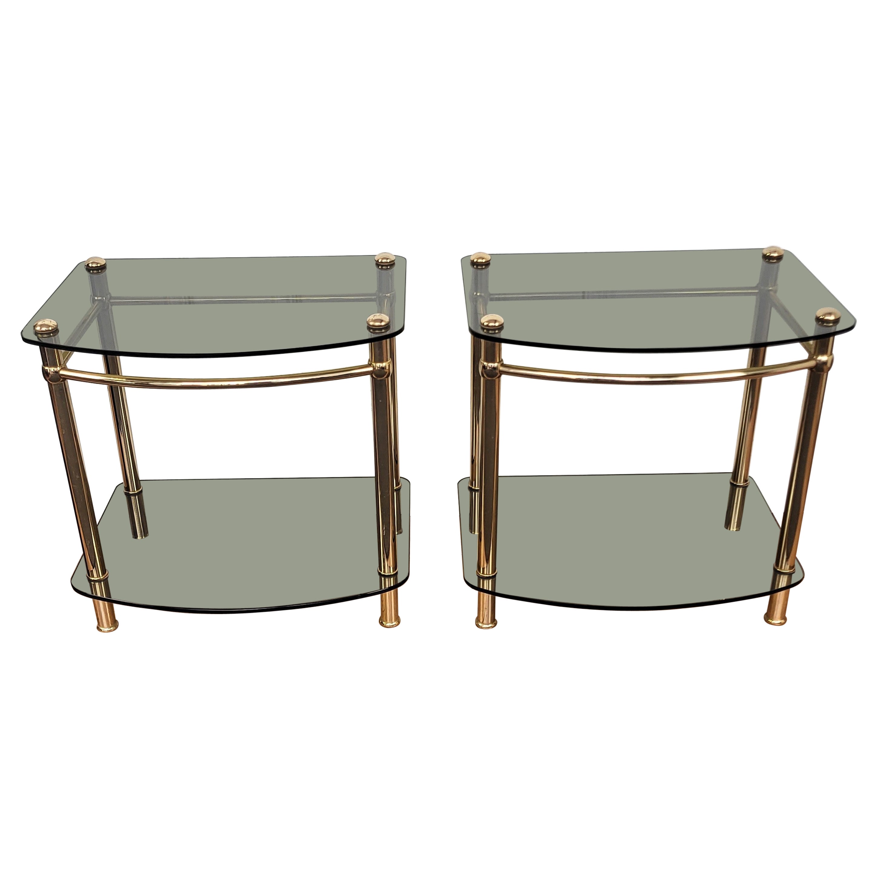 1980 Italian Hollywood Regency Style Brass and Glass Two Shelves Side Tables