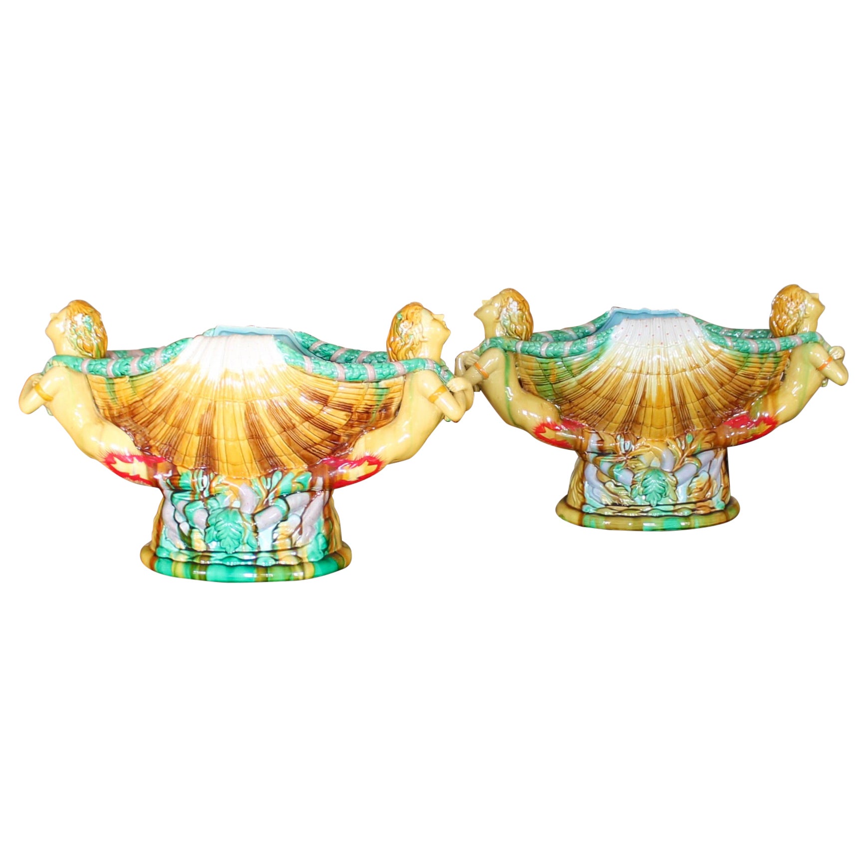 Pair Large Majolica Seashell Centerpieces With Mermaid Caryatids, after Minton  For Sale