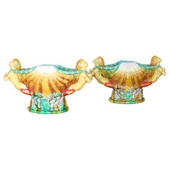 Pair Large Majolica Seashell Centerpieces With Mermaid Caryatids, after Minton