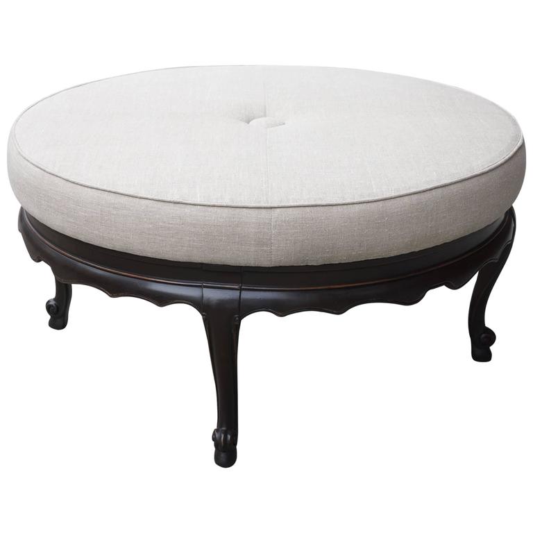 Vintage Carved Walnut and Linen Upholstered Pouf / Ottoman For Sale at