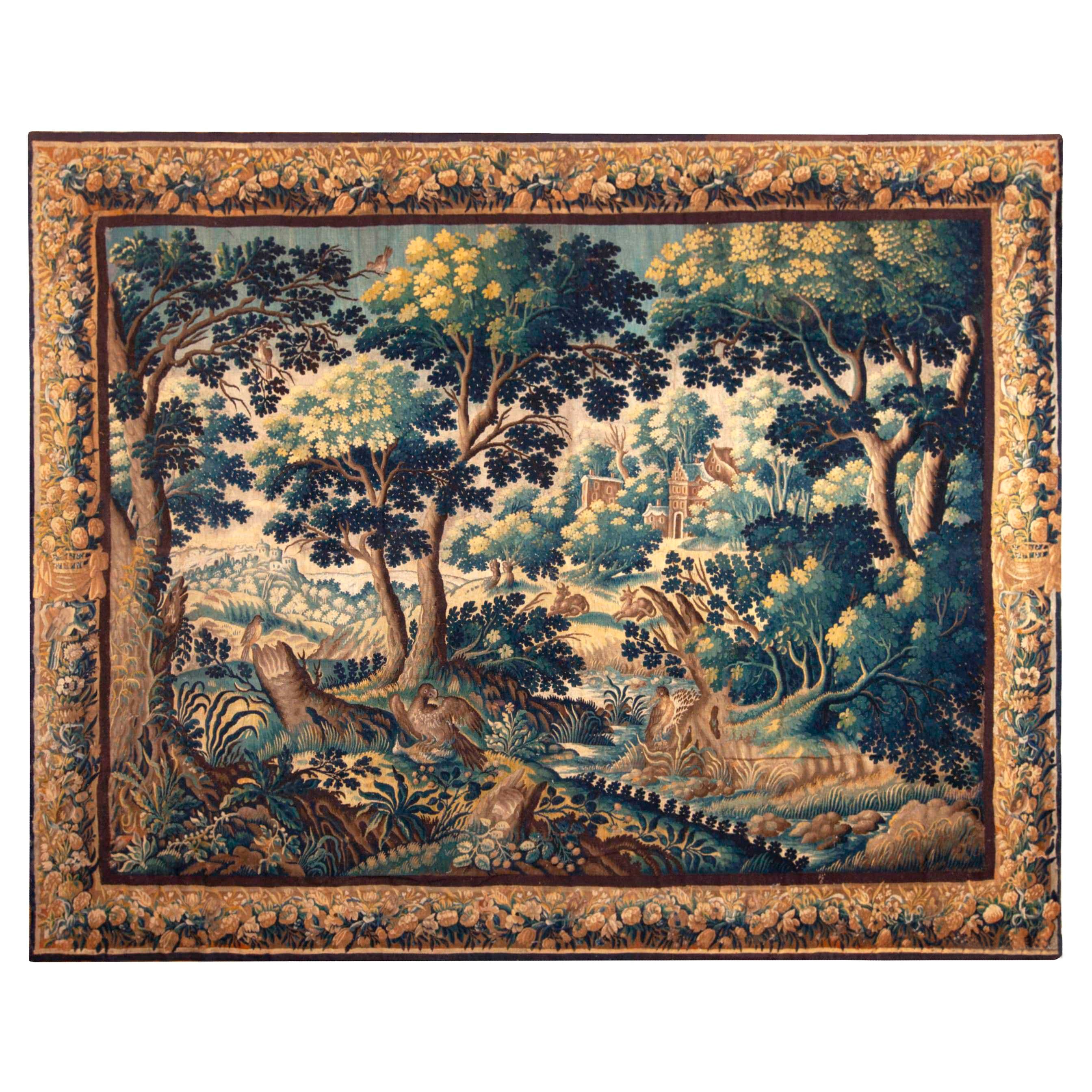 Antiker französischer Verdure-Wandteppich aus Seide des 17. Jahrhunderts mit Sammlerstücken, 10' x 12'5"