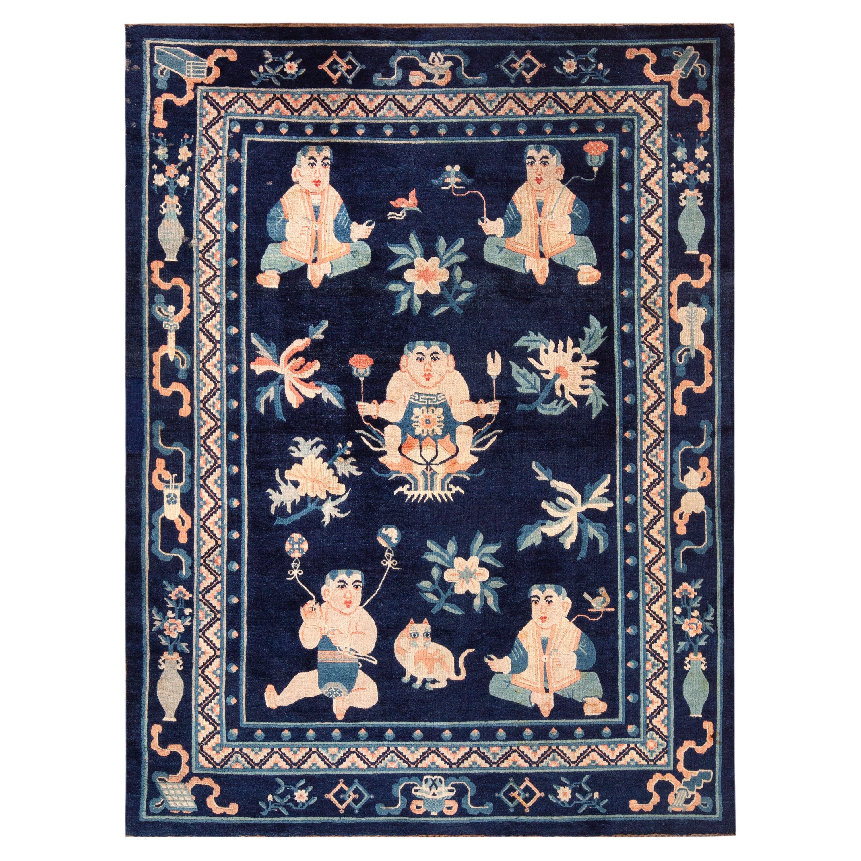 Blue Background Figurative Design Antique Chinese Peking Rug 4'10" x 6'6" For Sale