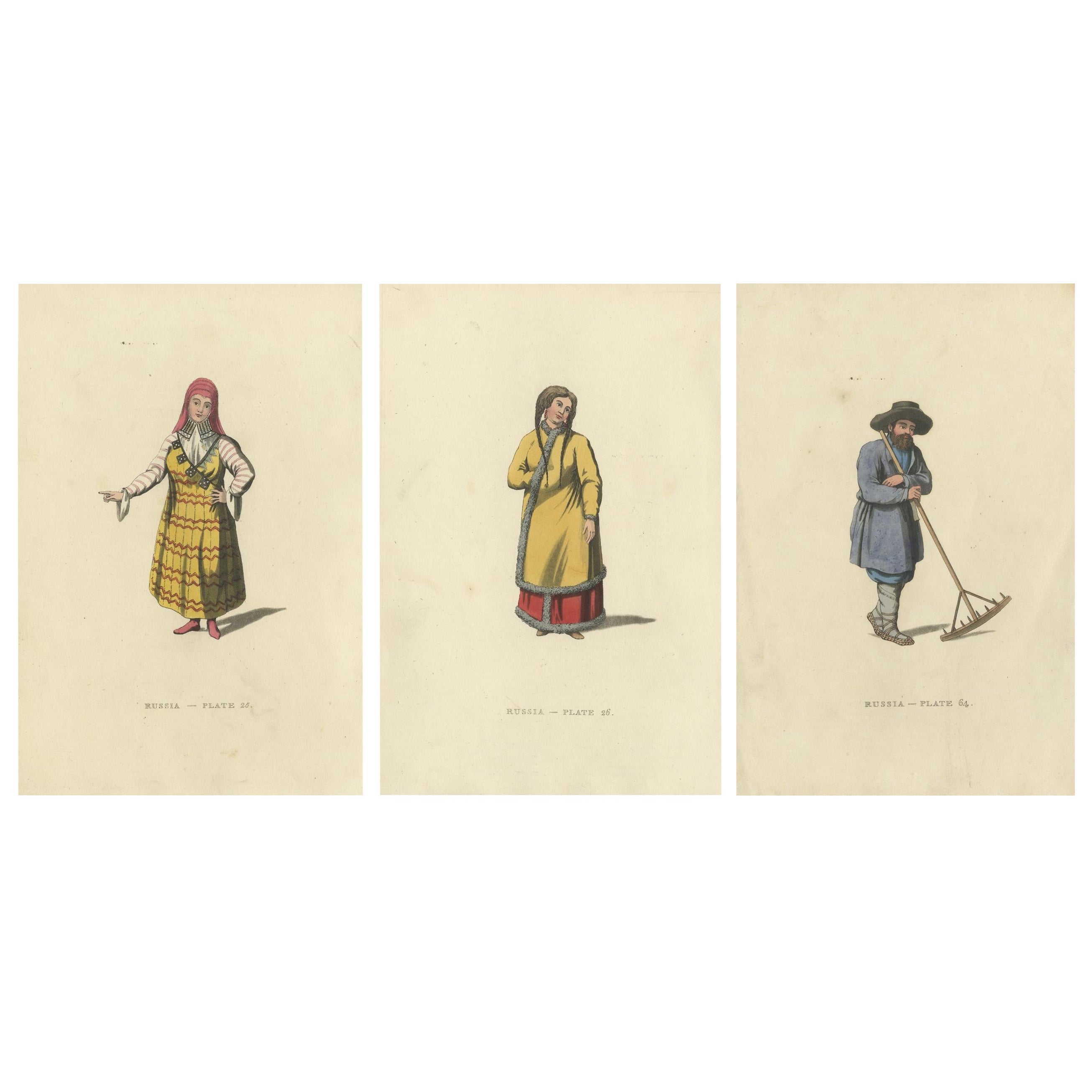Traditional Attires of Early 19th Century Russia: A Visual Record in Engravings For Sale