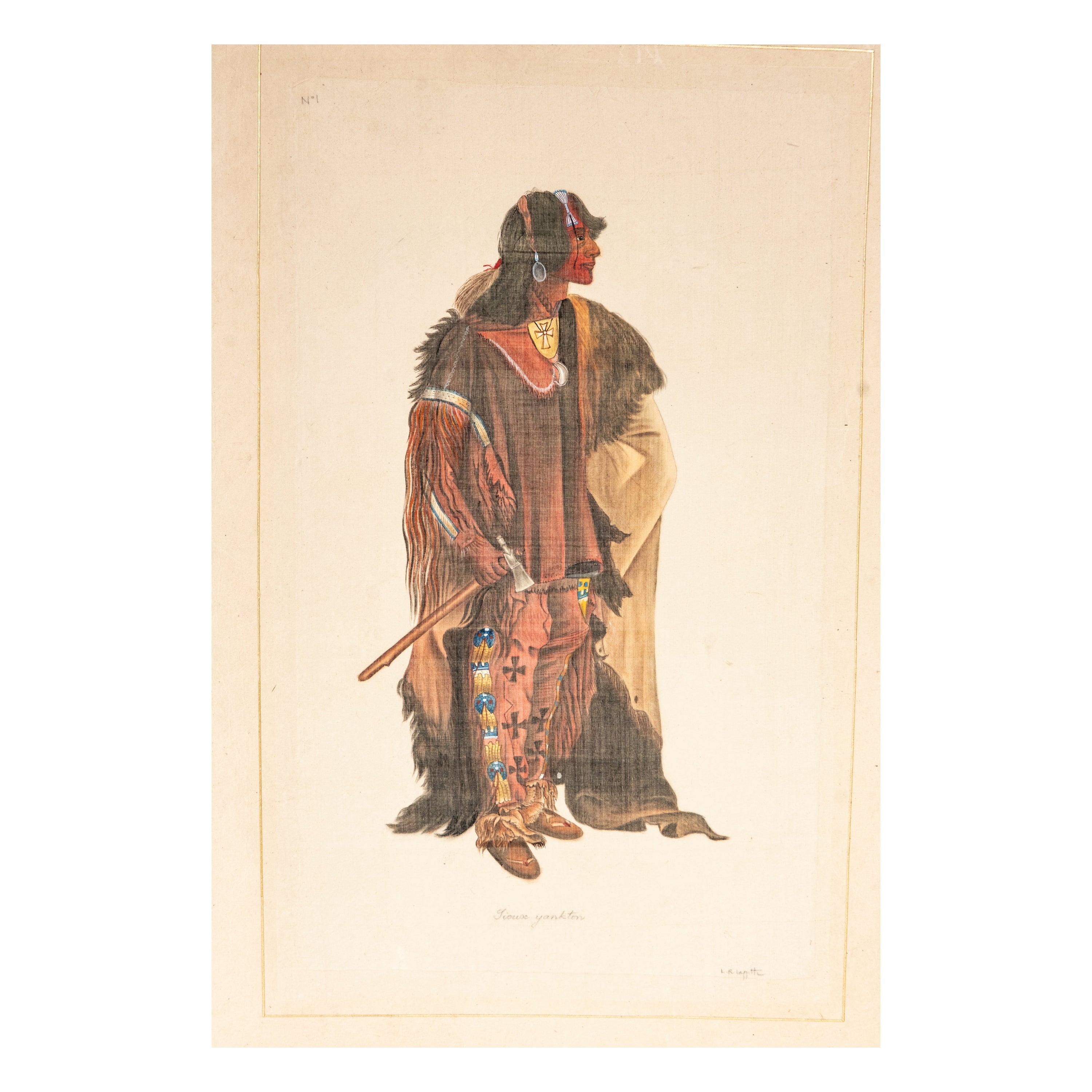 Aquarelle d'Amérindien Sioux de Yankton signée L.R Laffitte