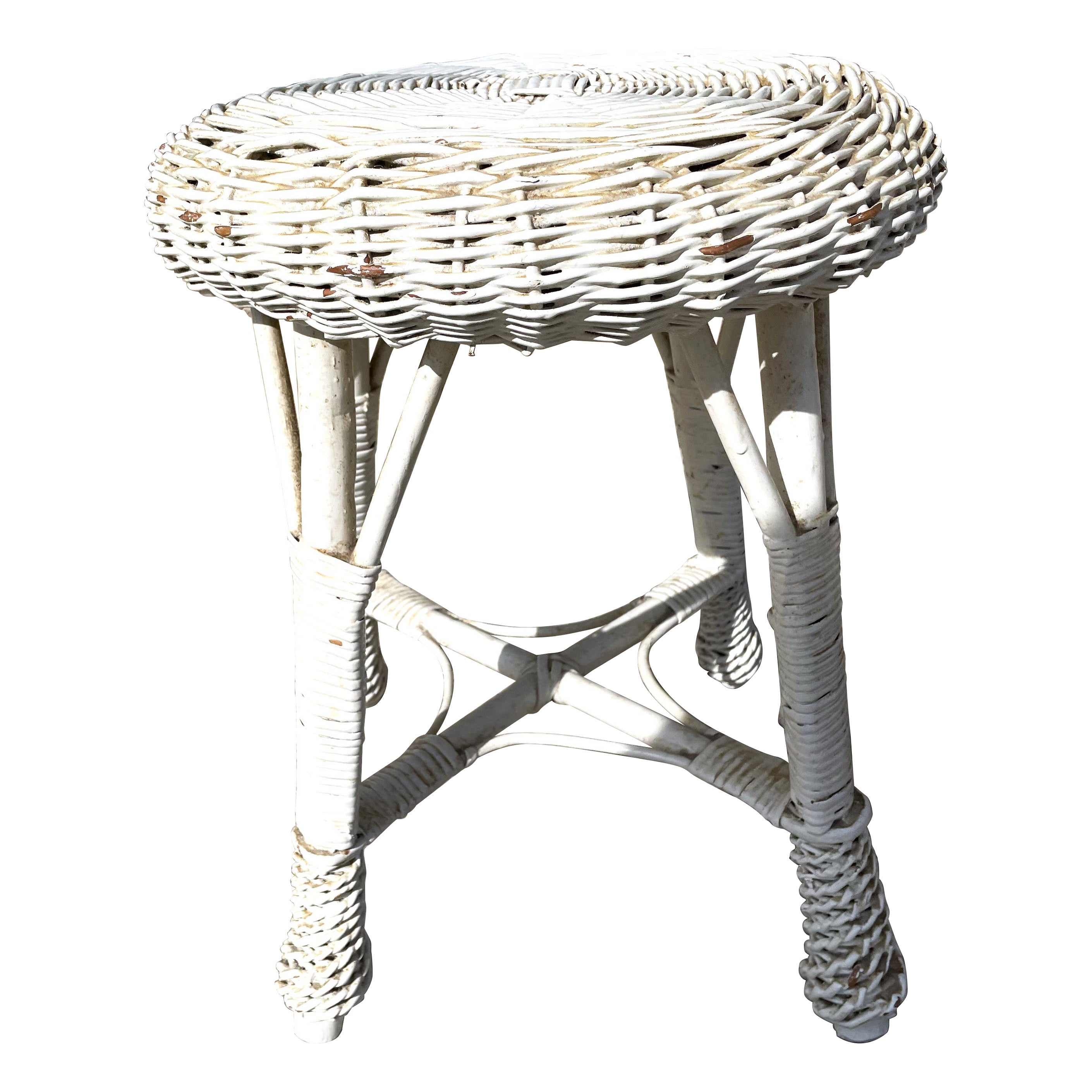 White Wicker/Rattan Drink/Plant Stand/Table or Vanity/Bohemian Stool For Sale