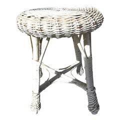 Retro White Wicker/Rattan Drink/Plant Stand/Table or Vanity/Bohemian Stool