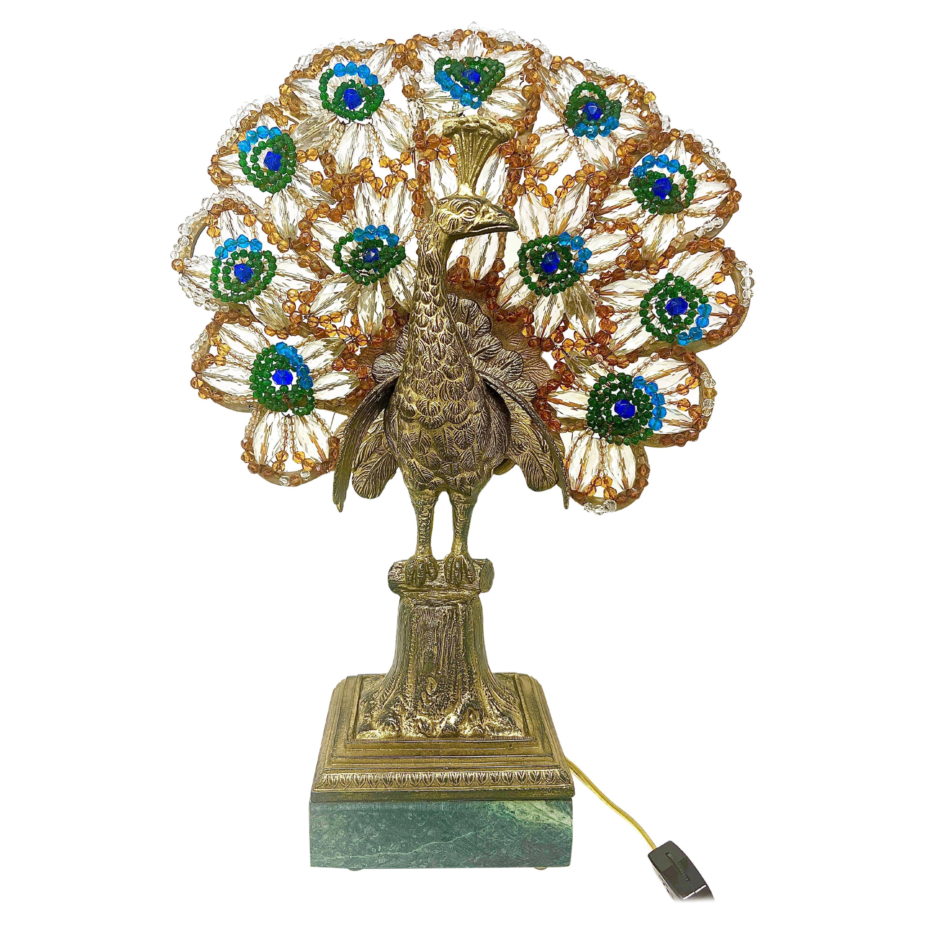 Antique French Art Nouveau Gold Bronze & Crystal Beaded Peacock Lamp, Circa 1915 For Sale