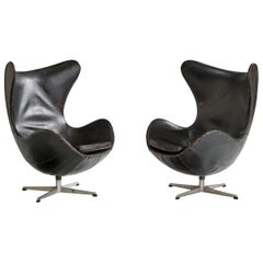 Vintage Arne Jacobsen, "Egg" Lounge Chairs, Leather, Steel, Denmark, 1958