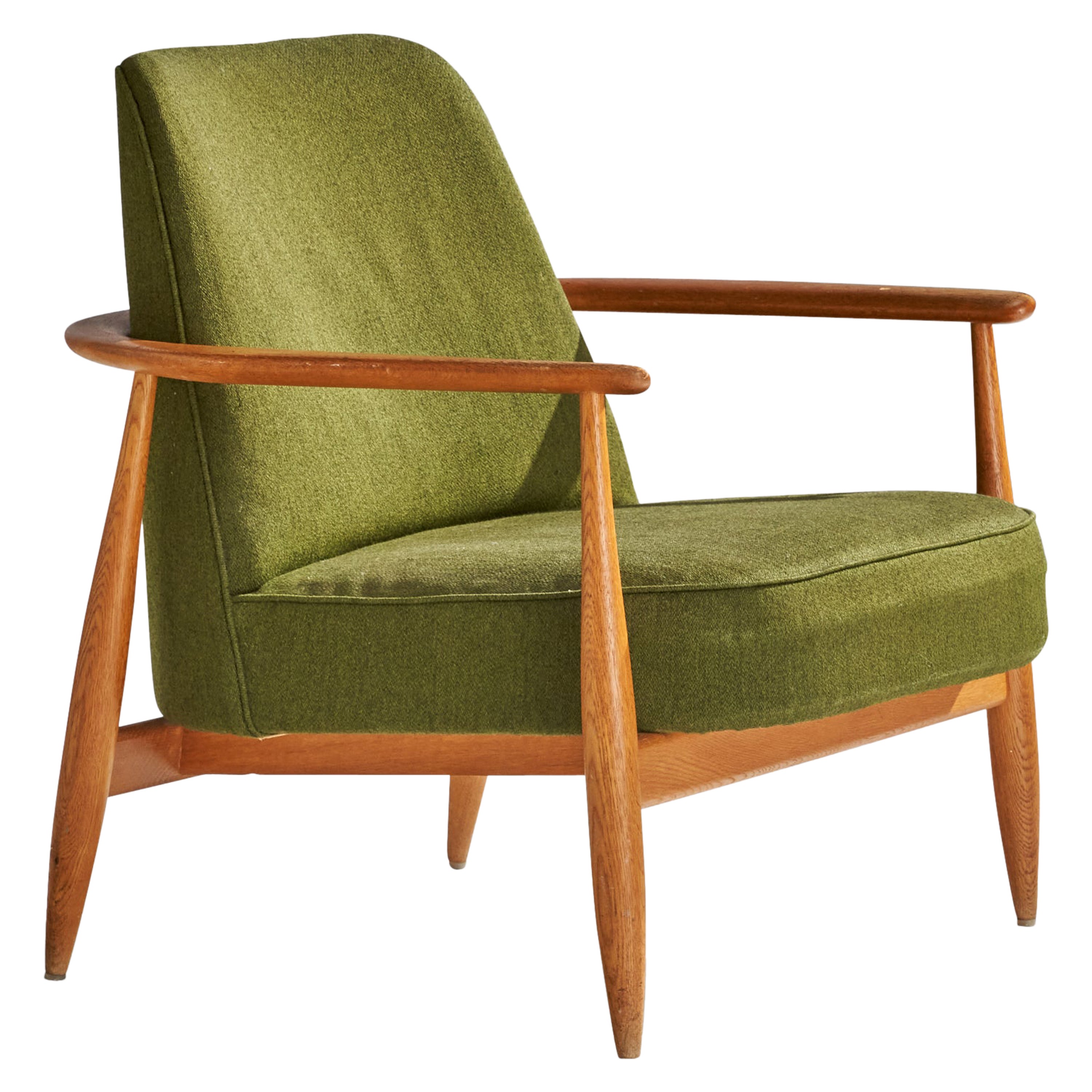 Swedish Designer, Lounge Chair, Oak, Fabric, Sweden, 1950s For Sale