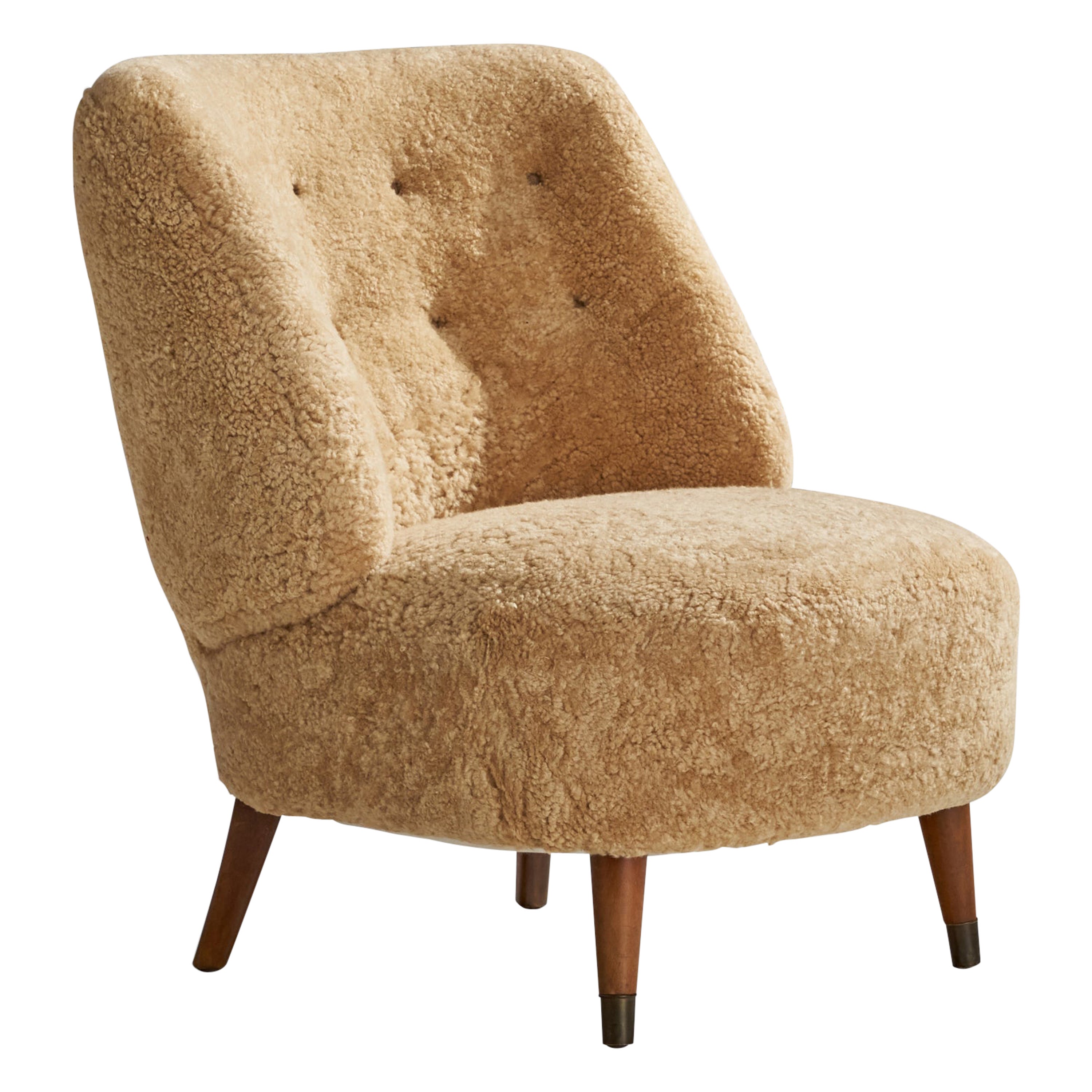 Sven Staaf, Lounge Chair, Shearling, Wood, Sweden, 1940s For Sale