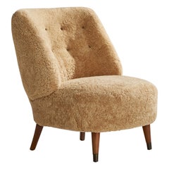 Used Sven Staaf, Lounge Chair, Shearling, Wood, Sweden, 1940s