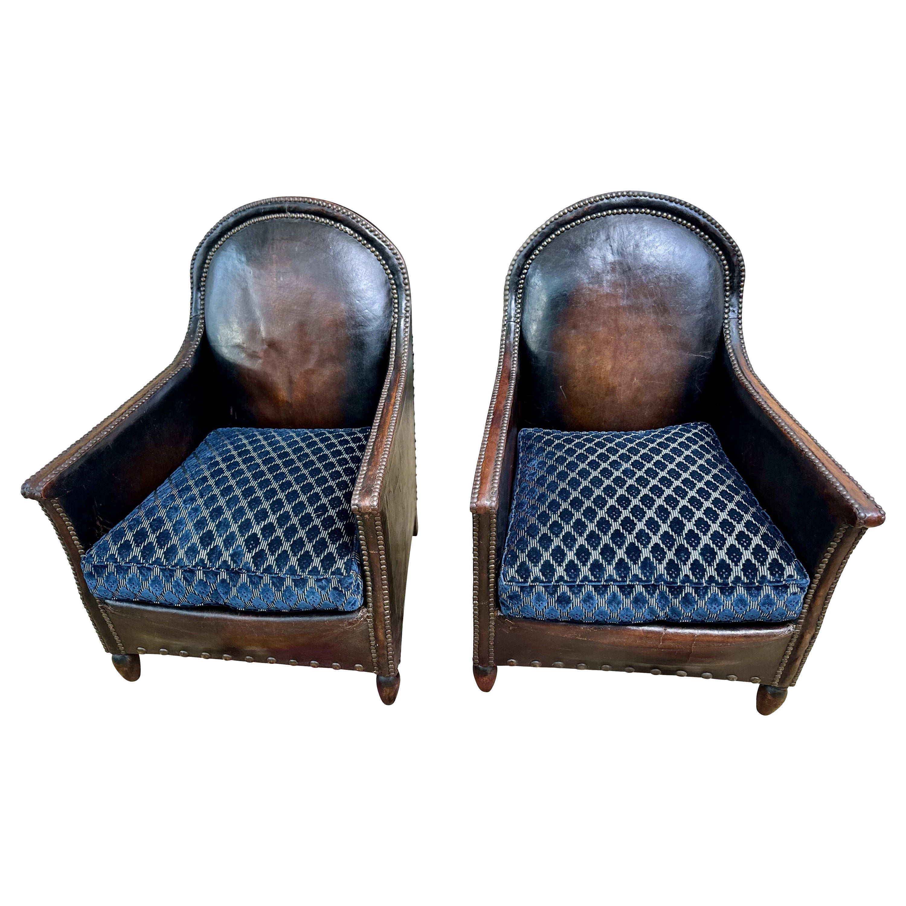 Pair 1930 French Art Deco leather club chairs - blue velvet cushions For Sale