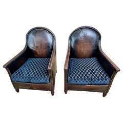 Vintage Pair 1930 French Art Deco leather club chairs - blue velvet cushions