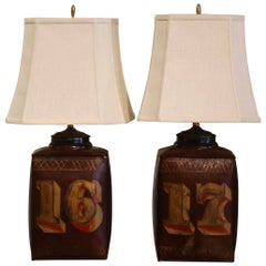 Antique Pair of 19th Century English Painted Tole Tea Canister Table Lamps with Shades