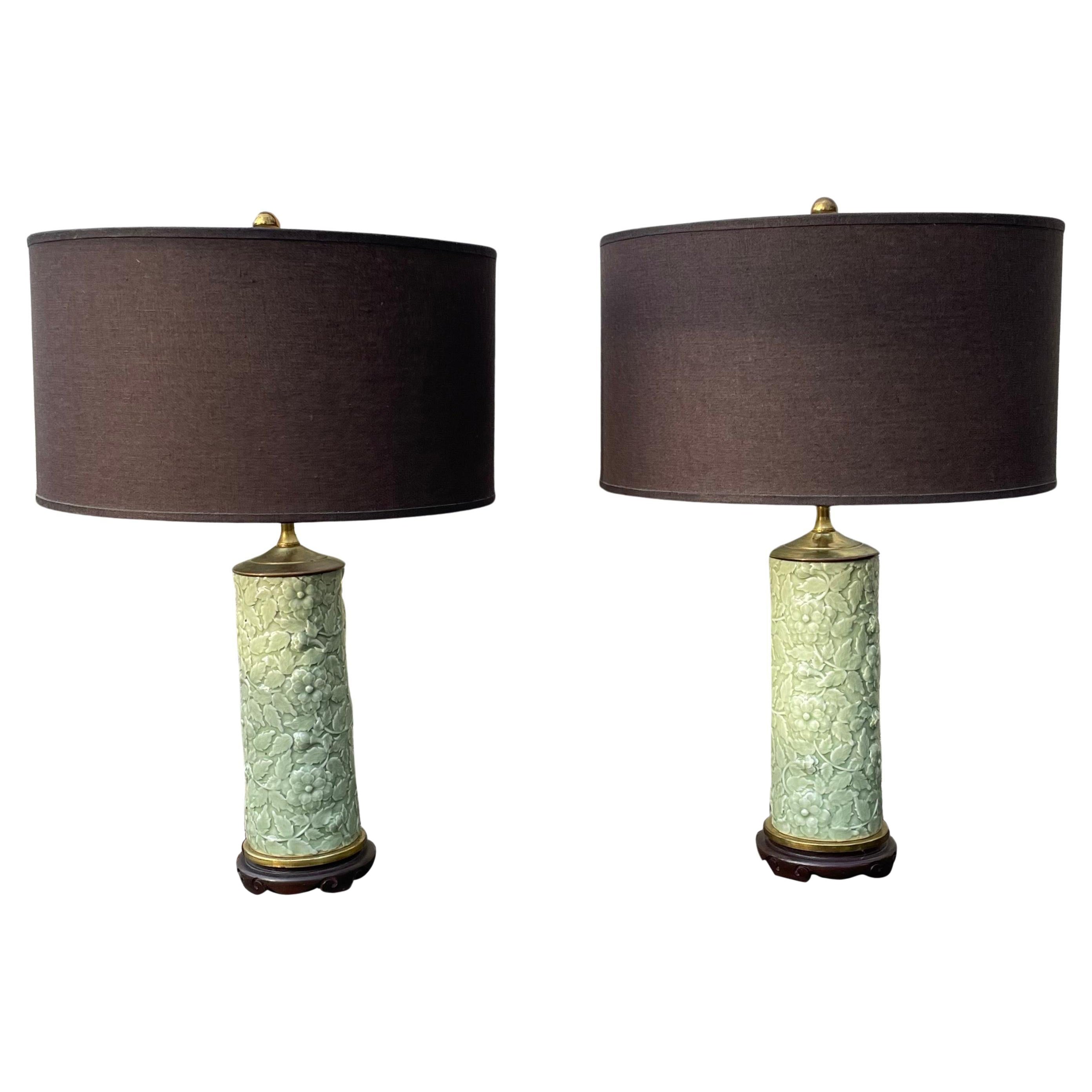 Pair of Mid Century Modern Table Lamps, Celadon Green Porcelain