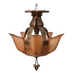 American Art Deco Bronze and Glass Chandelier by Markel