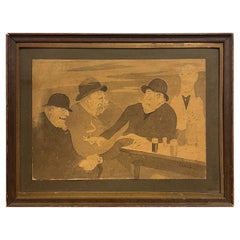 Œuvre d'art originale vintage encadrée et signée représentant des hommes assis à une table.