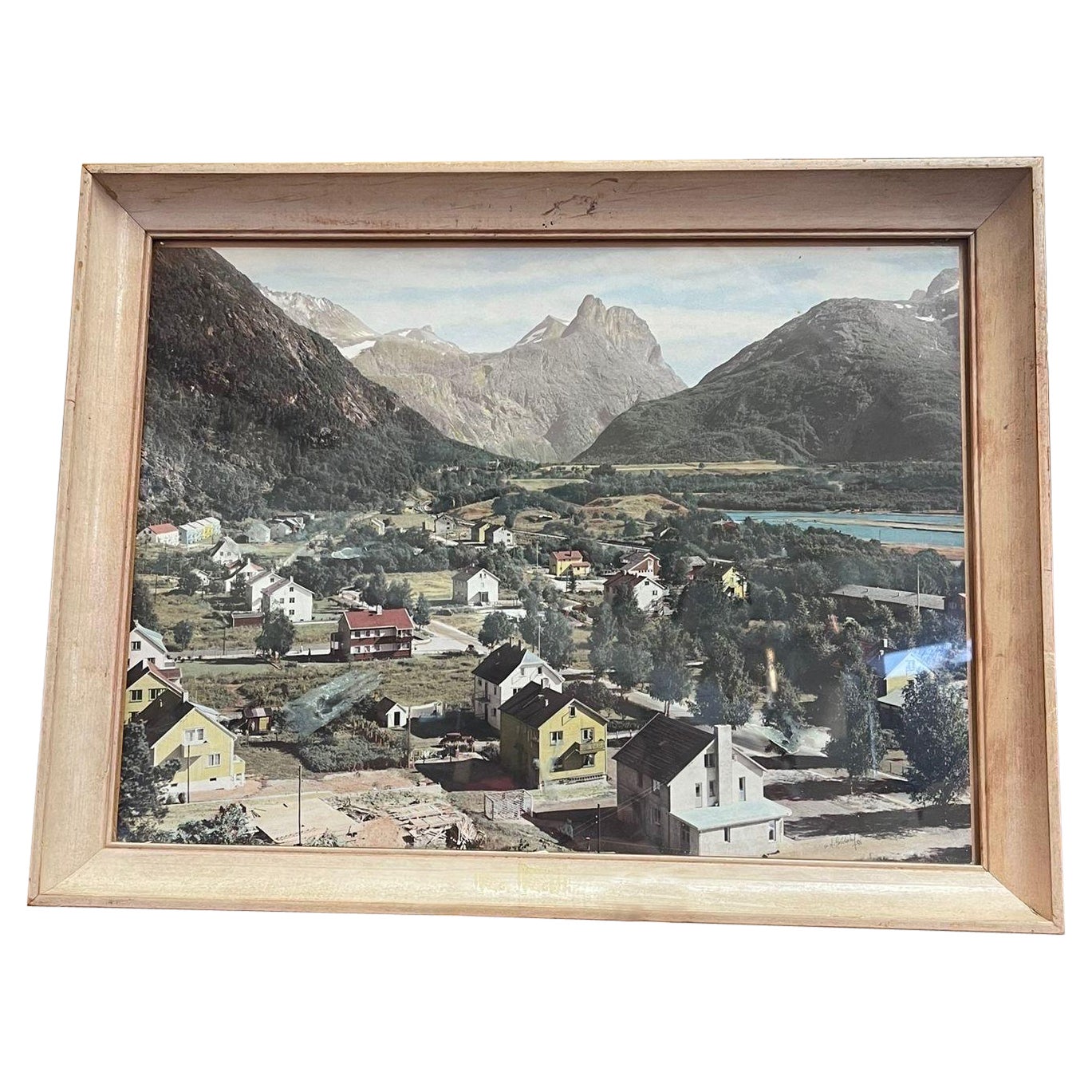 Vintage Framed Original Tinted Photograph of Mountain Side Cityscape.