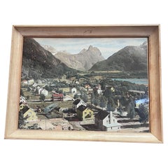 Vintage Framed Original Tinted Photograph of Mountain Side Cityscape.