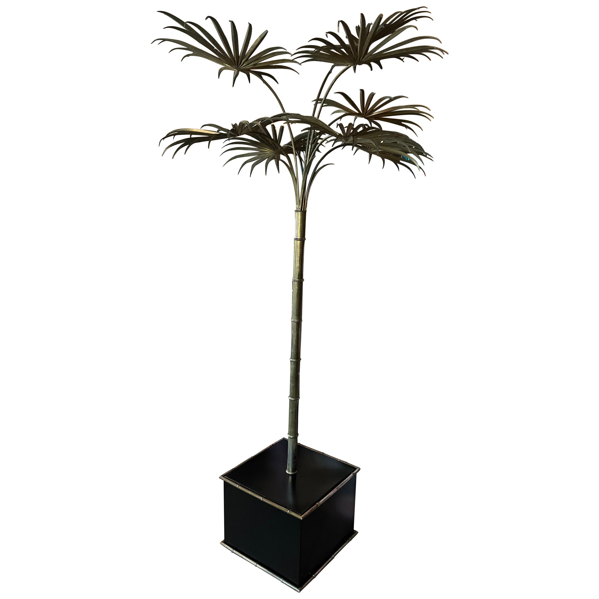 Vintage Brass Gold Italian Tole Metal Palm Tree Pot Statue Faux Bamboo Plant  For Sale