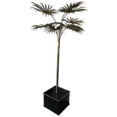 Antique Brass Gold Italian Tole Metal Palm Tree Pot Statue Faux Bamboo Plant 