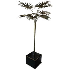Vintage Brass Gold Italian Tole Metal Palm Tree Pot Statue Faux Bamboo Plant