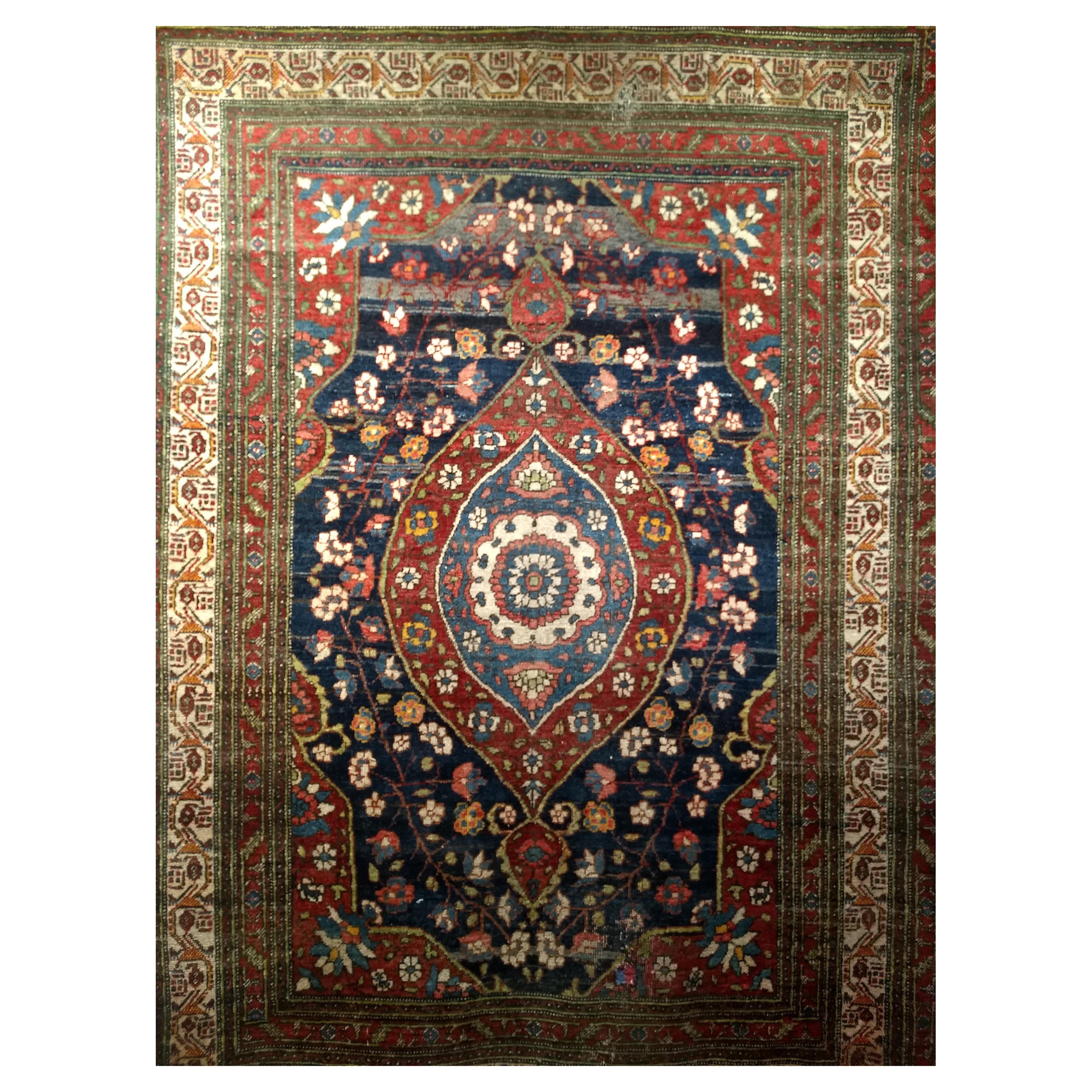 19th Century Persian Kurdish in Navy, French  Blue, Green, Yellow, Red, Pink For Sale