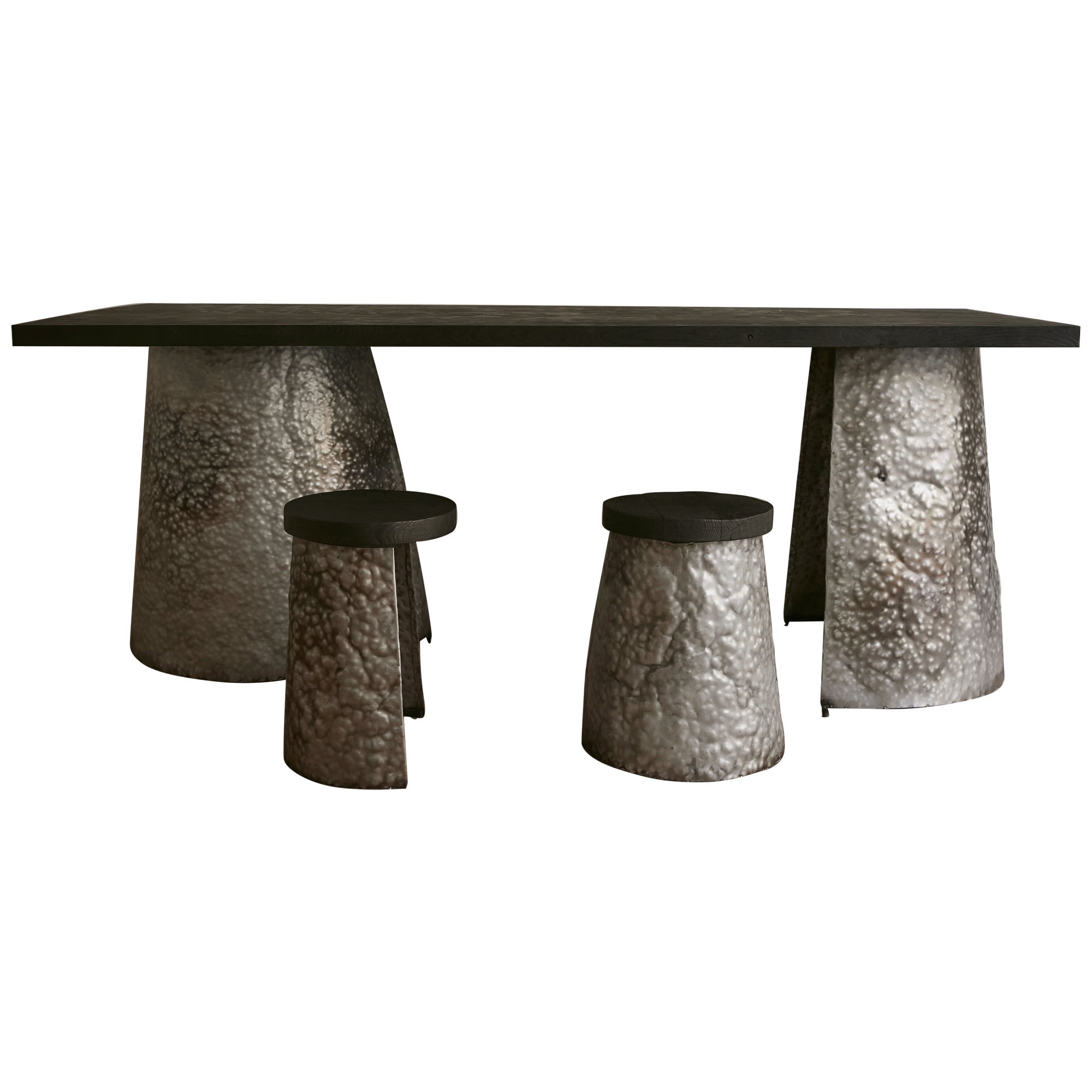 Bruo hammered steel & burned wood dining table and stools, contemporary handmade