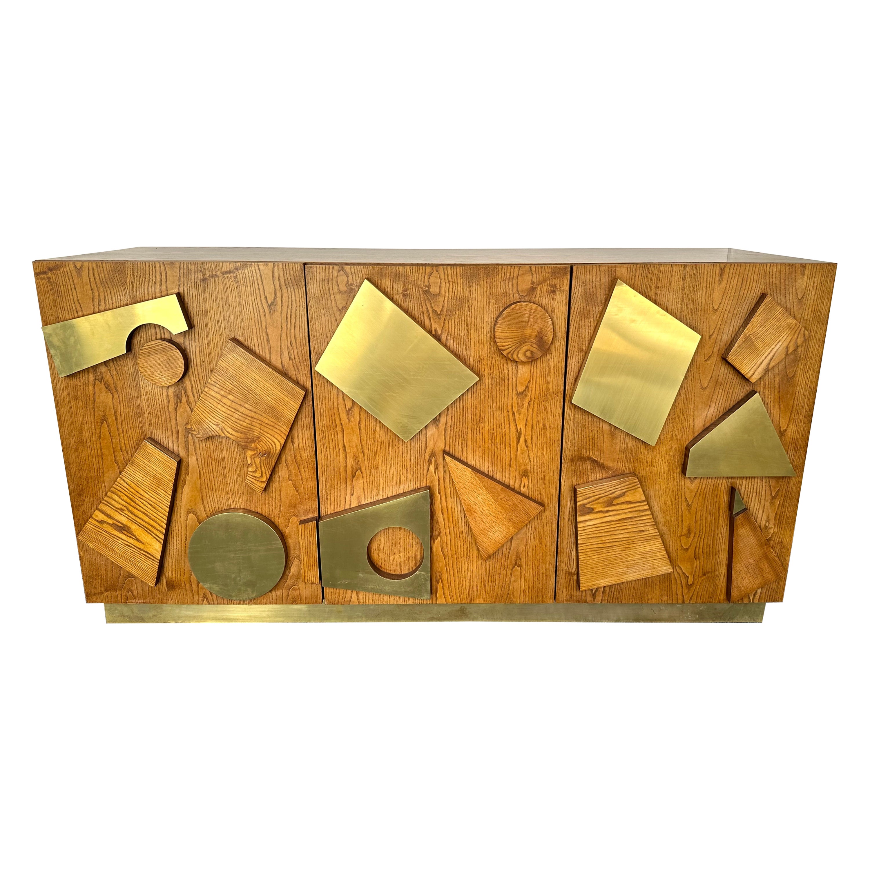 Contemporary Geometrical Wood and Brass Sideboard, Italy For Sale
