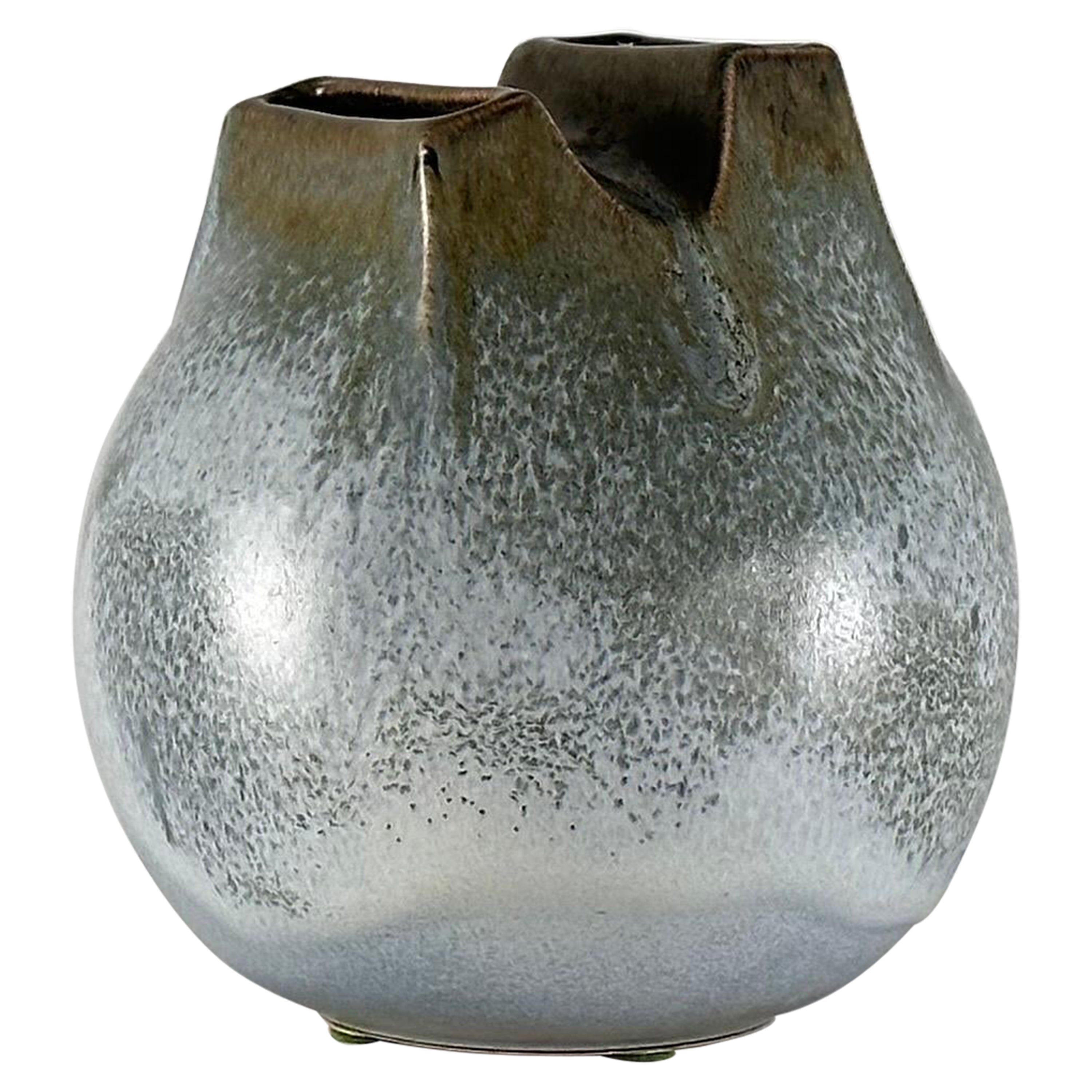Unique 1970s Franco Bucci Ceramic Vase: 'Whistle' with Two Mouths