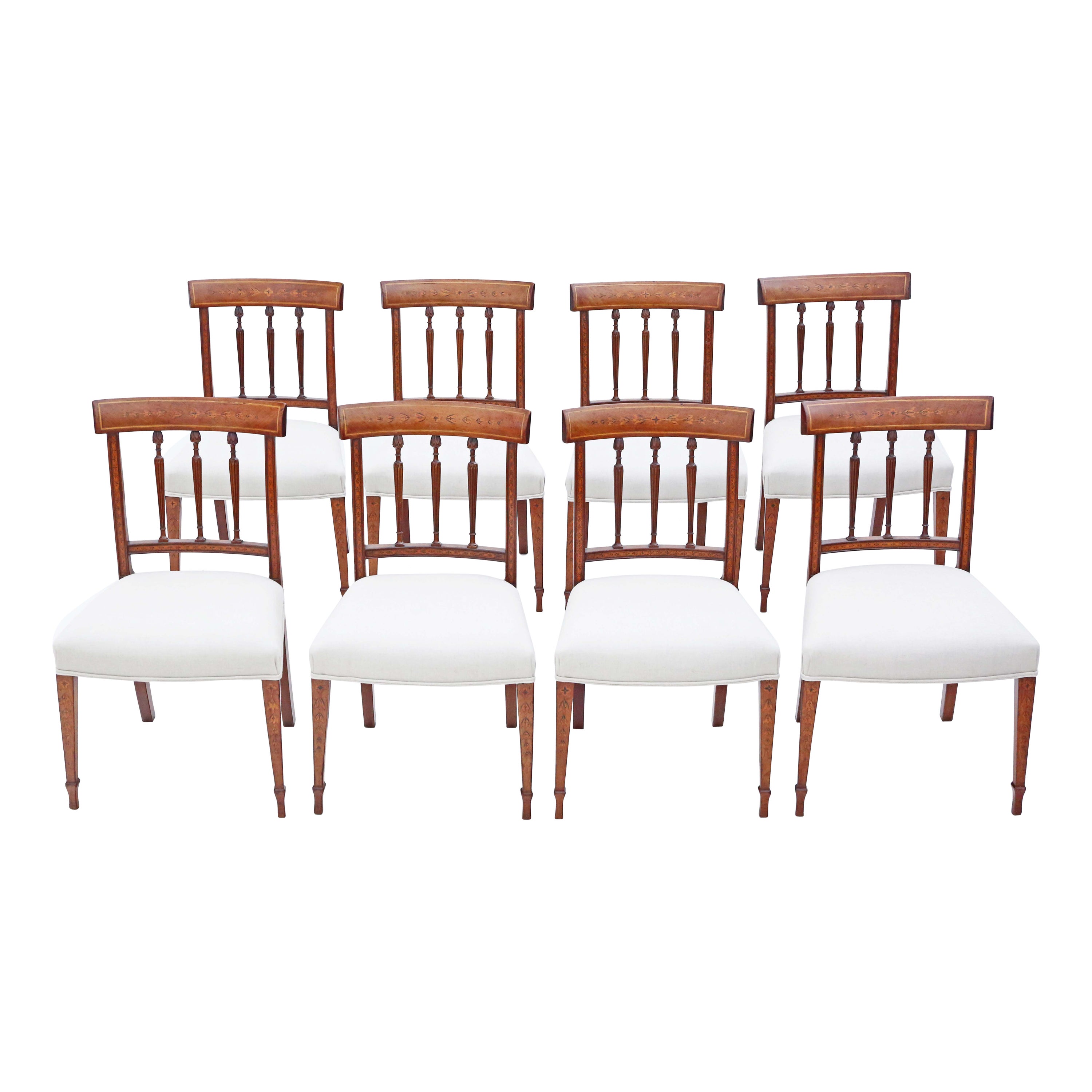 Early 19th Century Mahogany Marquetry Dining Chairs: Set of 8, Antique Quality For Sale