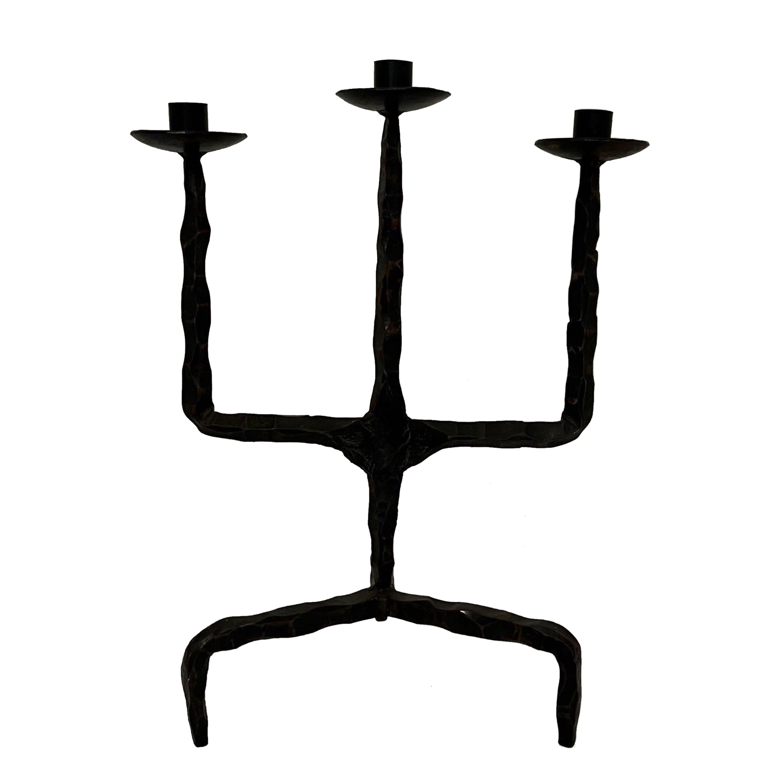 Brutalist French Iron candelabra candlestick - after Marolles c1950s For Sale