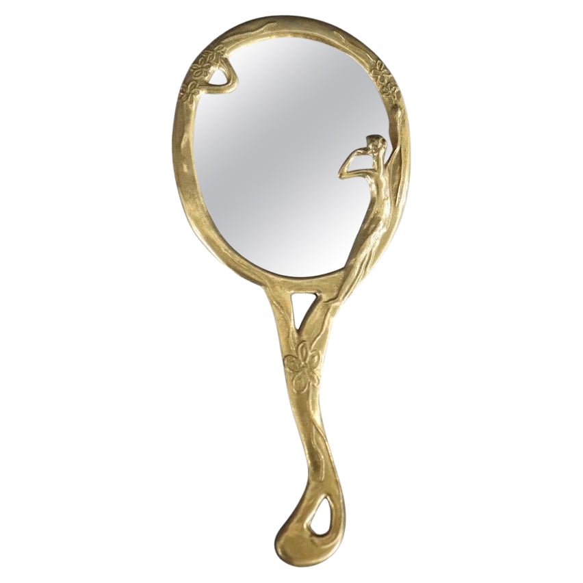 Vintage Art Nouveau Style Hand Mirror with Gilded Brass Frame For Sale