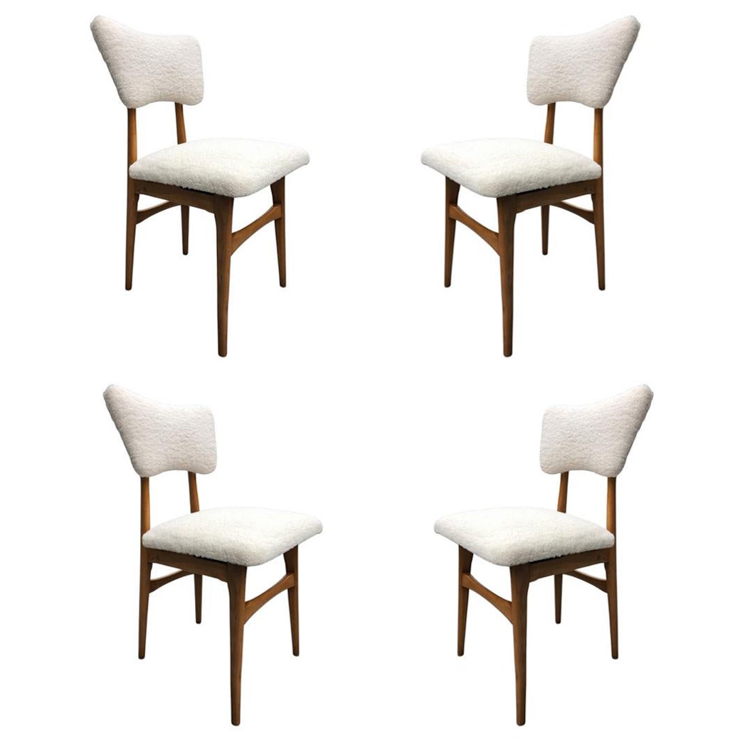 Midcentury Cream Bouclé and Wood Dining Chairs, Europe, 1960s, Set of Four For Sale