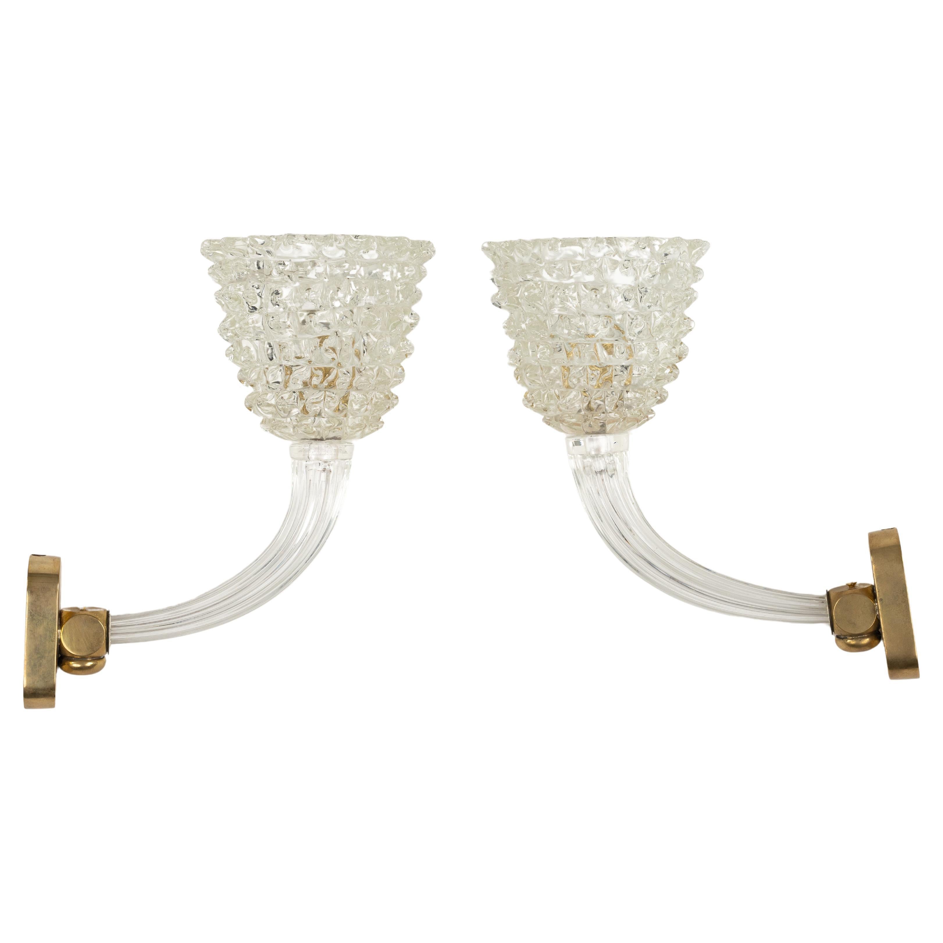 Pair of Sconces Rostrato Murano Glass & Brass Barovier & Toso Style, Italy 1950s