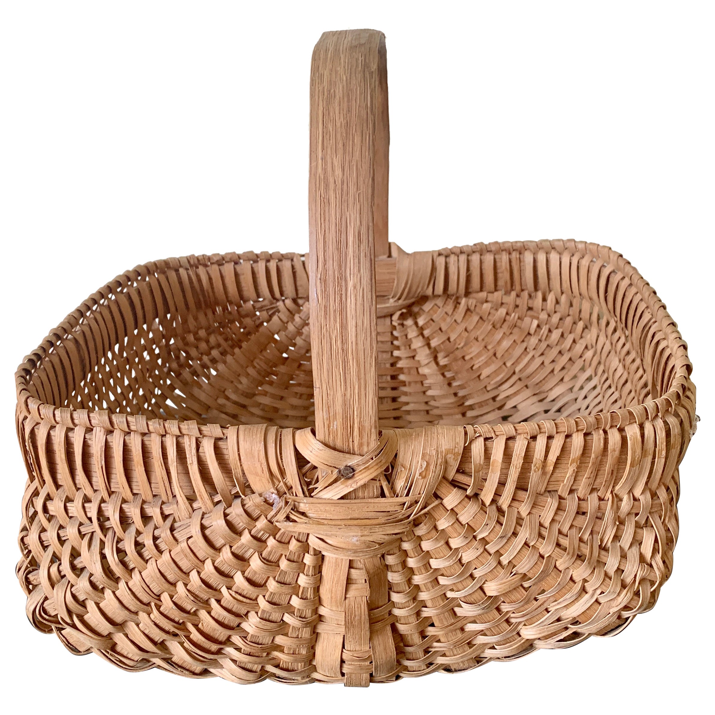 Antique Early 20th Century American Splint Oak Basket For Sale