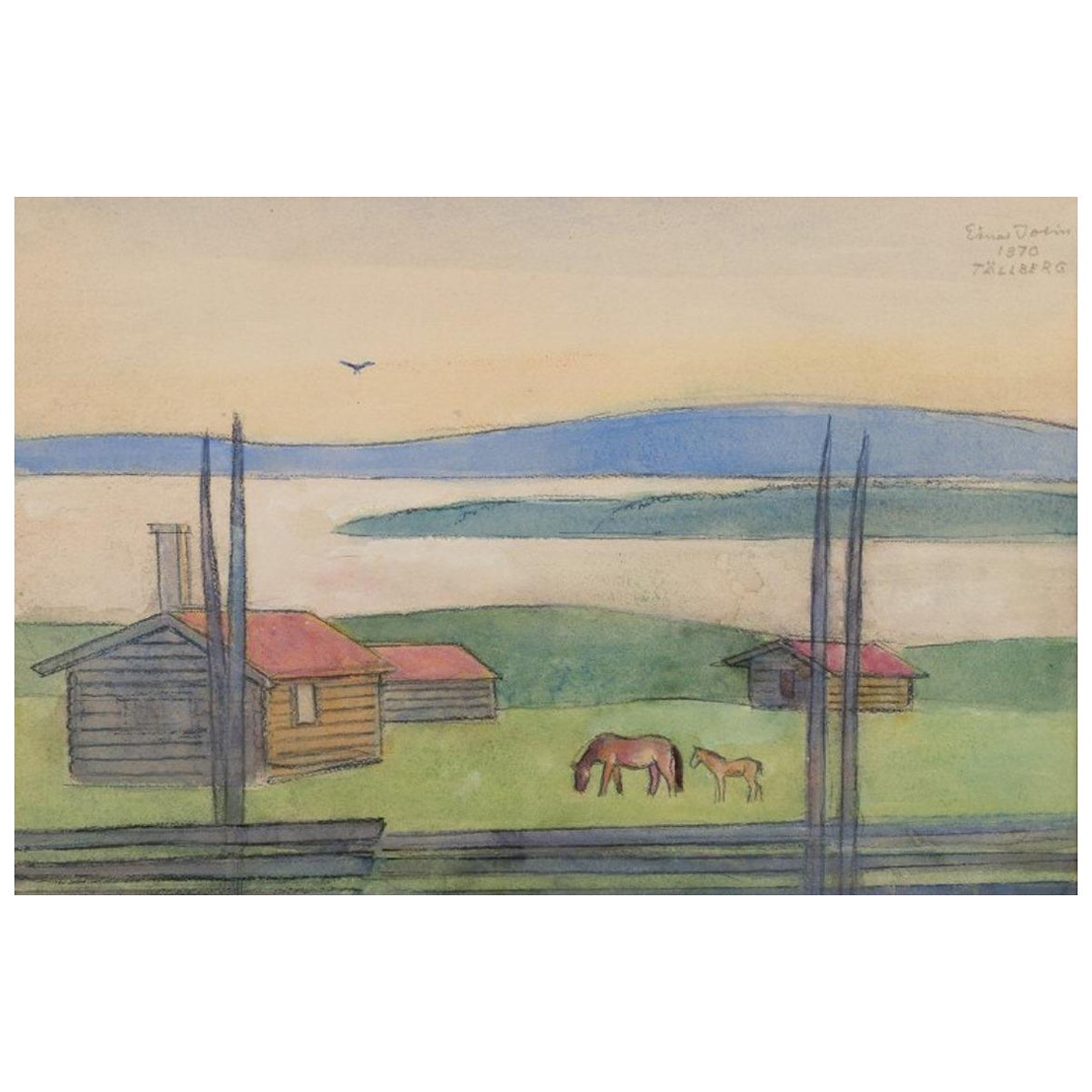 Einar Jolin, artiste suédois bien connu. Pastel à l'huile sur papier. Paysage suédois.