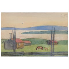 Einar Jolin, well listed Swedish artist. Oil pastel on paper. Swedish landscape.