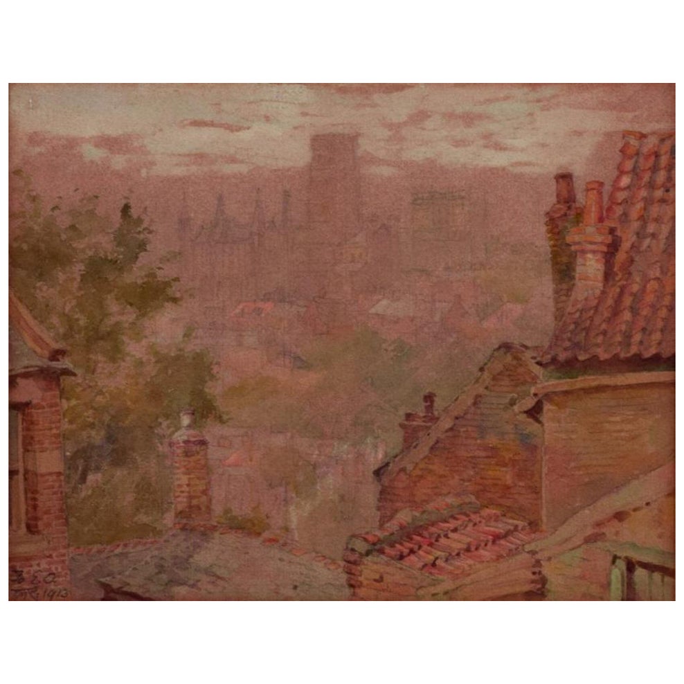 British artist. Watercolour and pencil on paper. View of Durham Cathedral. 1913