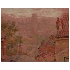 Antique British artist. Watercolour and pencil on paper. View of Durham Cathedral. 1913
