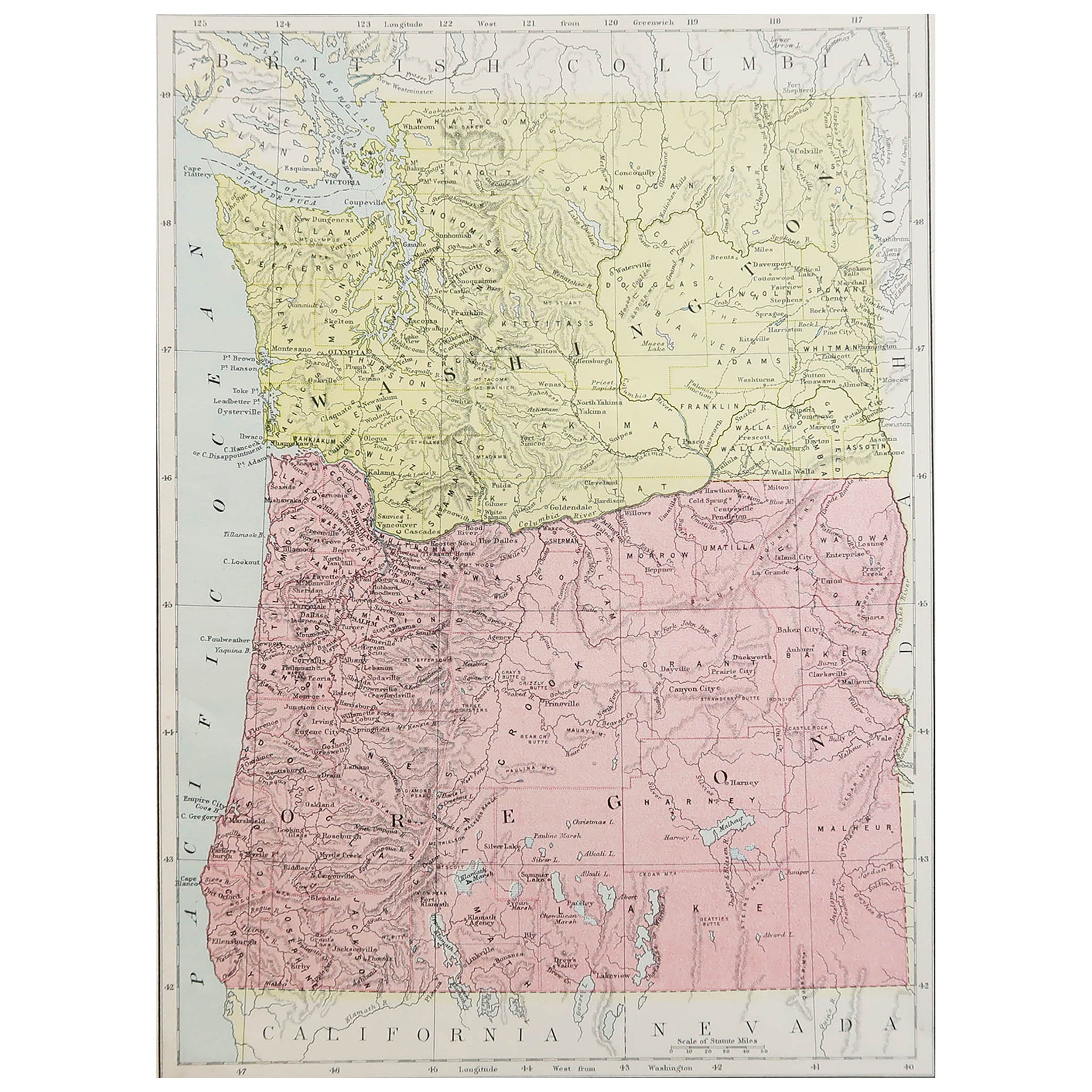 Original Antique Map of the American State of Washington, 1889 For Sale