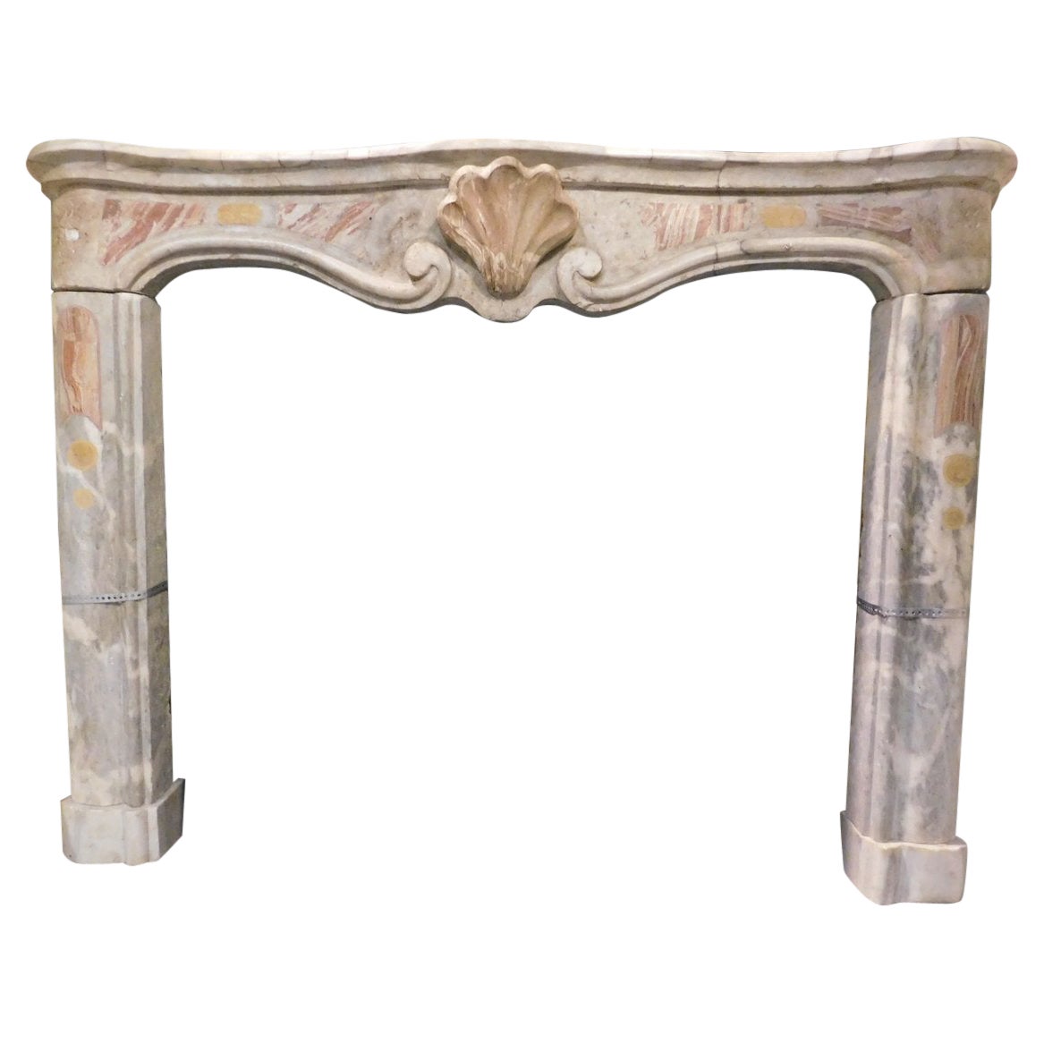 Fireplace mantle in Bardiglio marble with onyx inlays from Busca, Italy For Sale