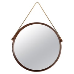 Vintage Italian Circular Teak Wall Mirror with Rope and Leather, circa 1960 