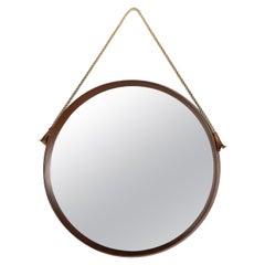 Italian Circular Teak Wall Mirror with Rope and Leather, circa 1960