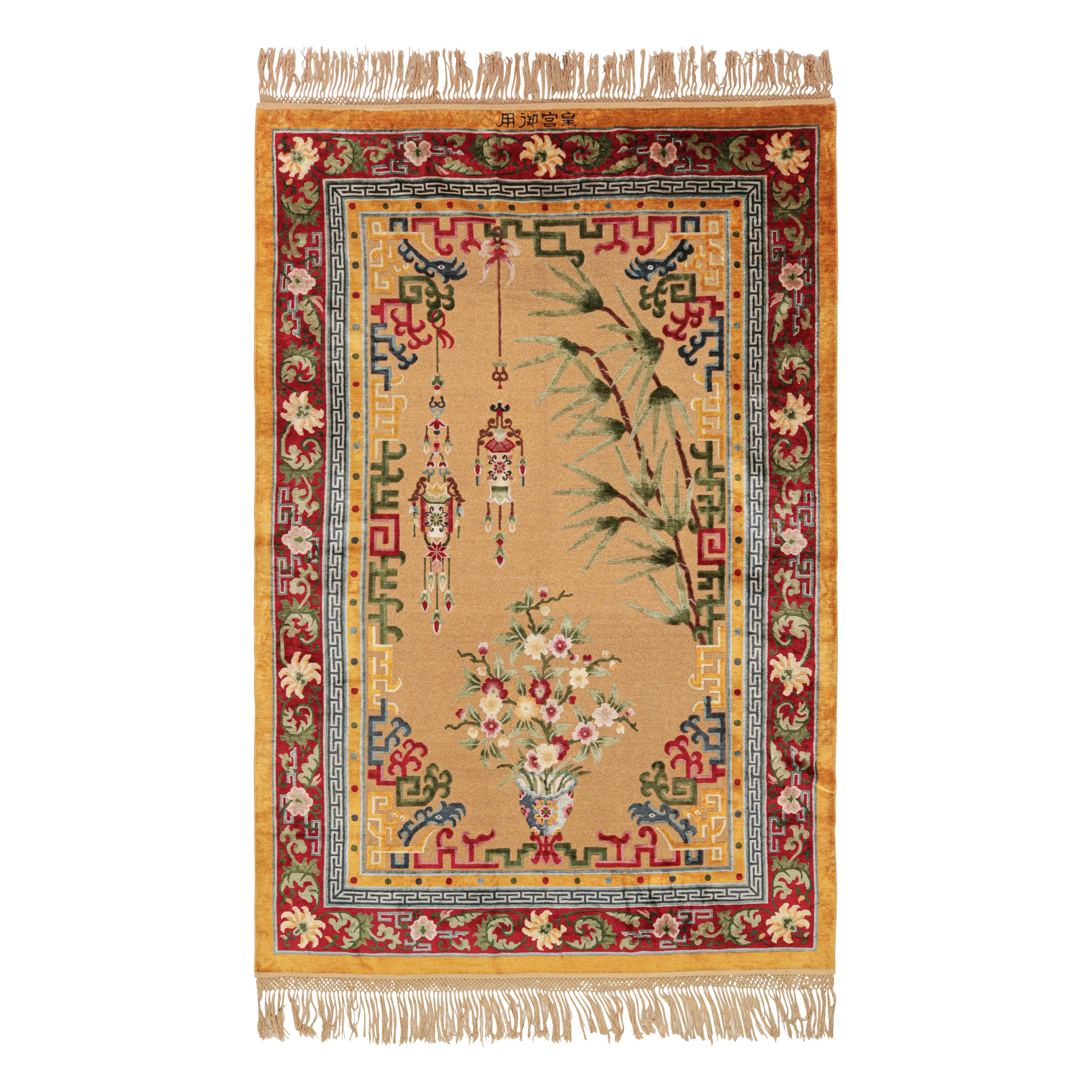 Rug & Kilim’s Chinese Art Deco Style Rug in Gold with Florals and Pictorials For Sale