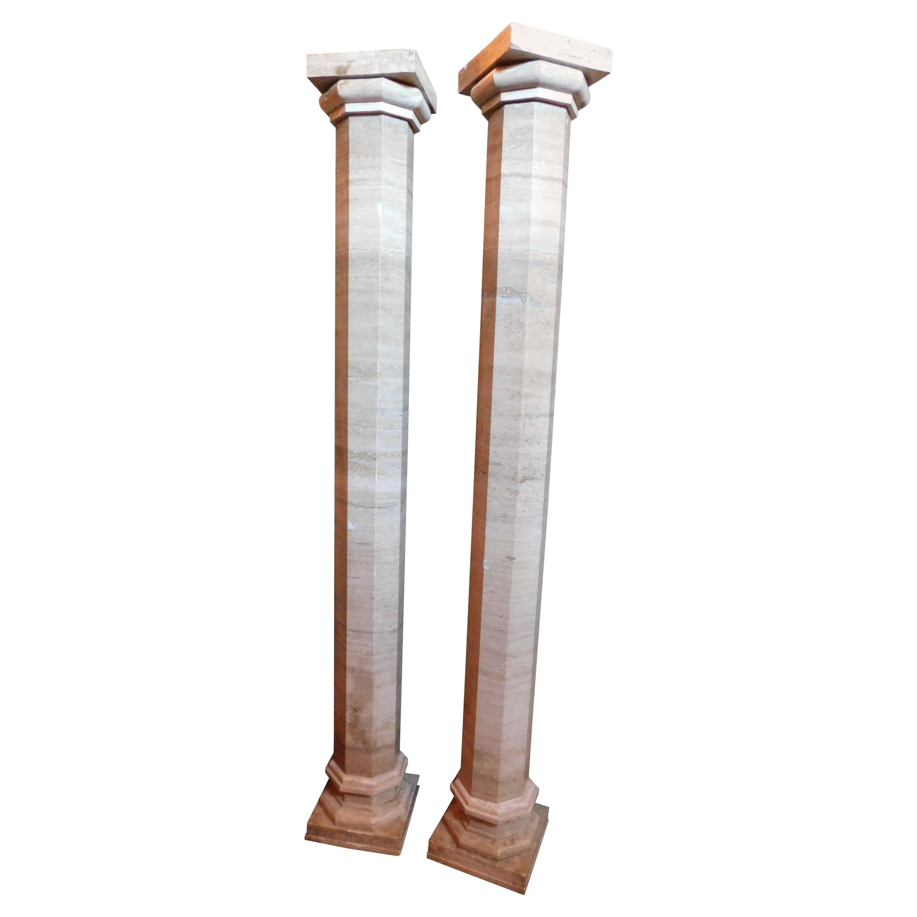 pair of hexagonal columns in beige marble, Italy For Sale