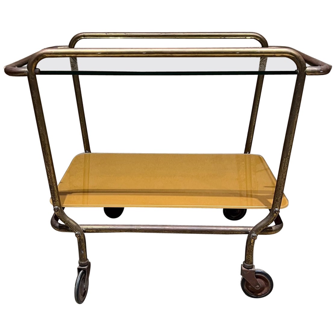 1950s Arturo Pani Service Bar Cart Patinated Brass For Sale