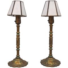 Pair of Small 1920s Cast Brass Table Lamps with New Glass Shades 11