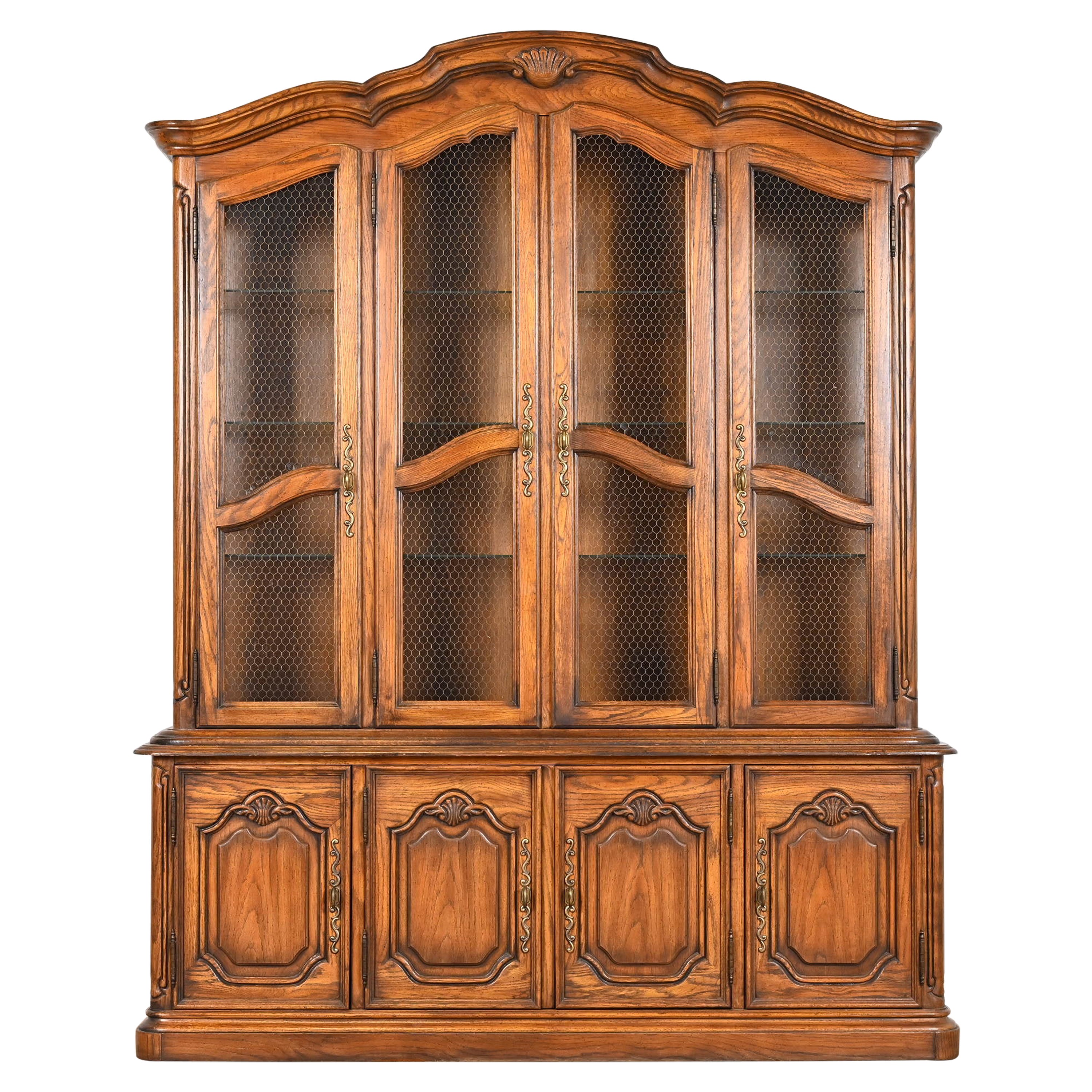 Drexel Heritage French Provincial Carved Oak Lighted Breakfront Bookcase Cabinet For Sale
