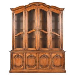 Vintage Drexel Heritage French Provincial Carved Oak Lighted Breakfront Bookcase Cabinet